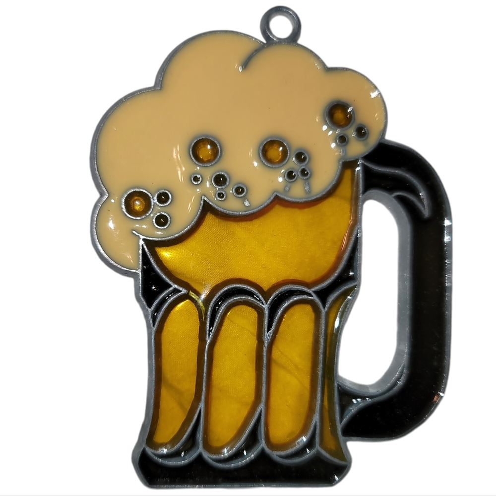 Vintage 90s Handmade Stained Glass Foaming Beer Beer Mug Suncatcher  Ornament